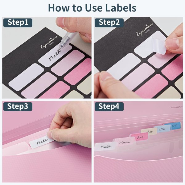 Cute macaron pink file organizer with snap closure and labeled pockets