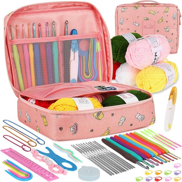 Complete Crochet Set for Beginners – 59-Piece Crochet Kit with Ergonomic Hooks, Yarn, Accessories, and Storage Bag