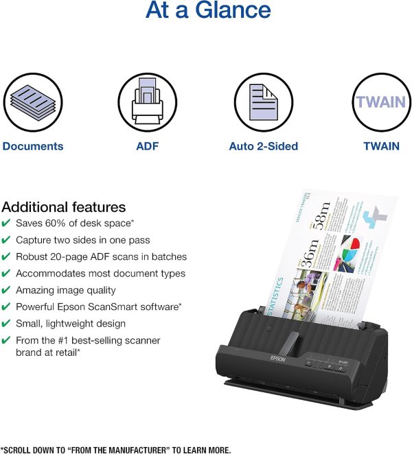 High-speed double-sided document scanner with 20-page auto feeder.