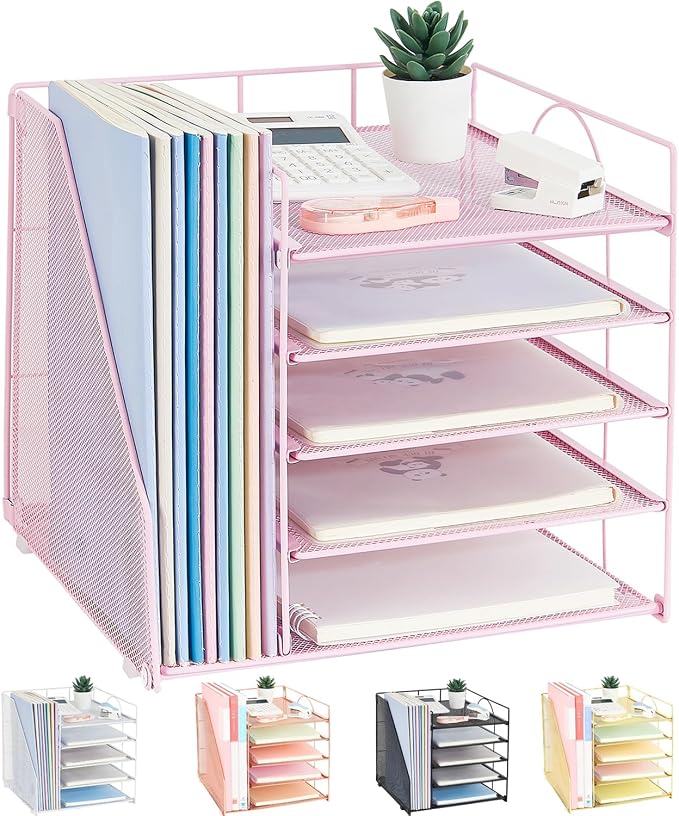 Vertical File Organizers with 5 Sliding Trays – Desktop File Storage for Office, Space-Saving Organizer for Papers and Documents