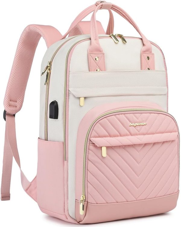 Laptop Backpack for Women – Large Capacity Waterproof Backpack with USB Charging Port, Anti-theft Design, and Luggage Strap
