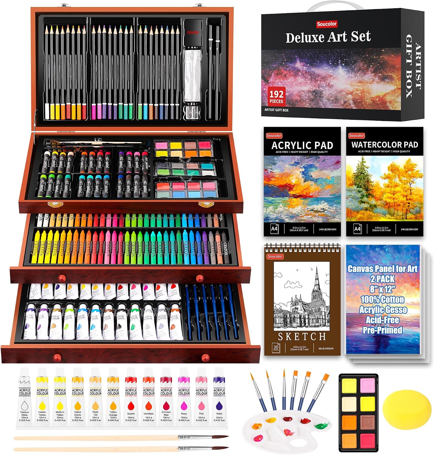 Deluxe Art Set – All-in-One Professional Art Supplies Kit for Painting, Drawing, and Sketching with 192 Pieces for Artists, Beginners, and Hobbyists