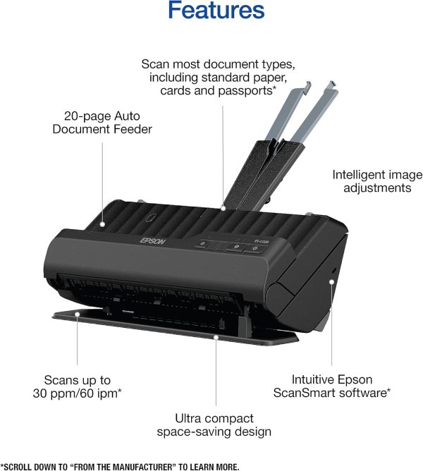 High-speed compact scanner with 20-page auto feeder for efficient double-sided document scanning.