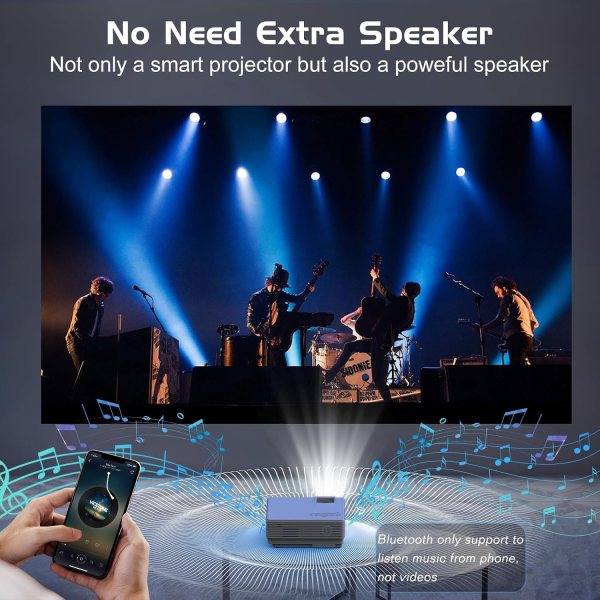 Bluetooth portable projector with built-in HD speakers for movies and gaming.