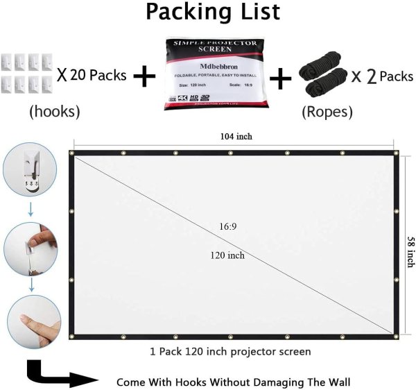 Portable projector screen for home, office, outdoor use, lightweight, folding design.