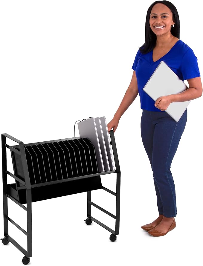Line Leader 16 Device Mobile Charging Station – Portable Rolling Open Charging Storage Cart with Reversible Top Shelving for Tablets, Laptops, Chromebooks, UL Safety-Certified Surge Protection (Black)