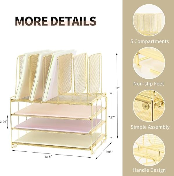 Office desk organizer with sliding trays and vertical file racks for efficient paper storage.