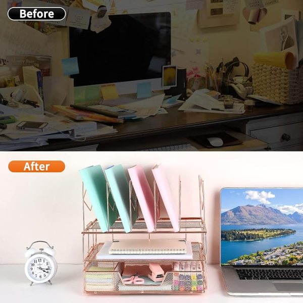 Office desk organizer with letter trays, upright sections, and sliding drawer for efficient workspac.