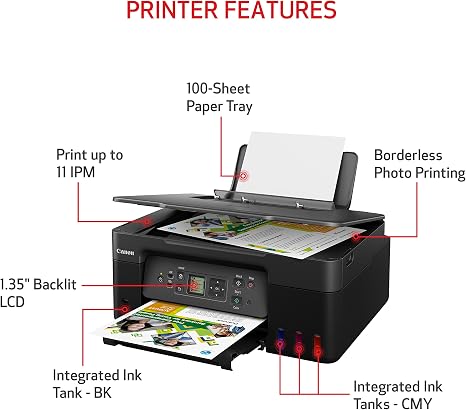 Wireless Ink Tank Printer with 3-in-1 Functionality and High-Yield Pages.