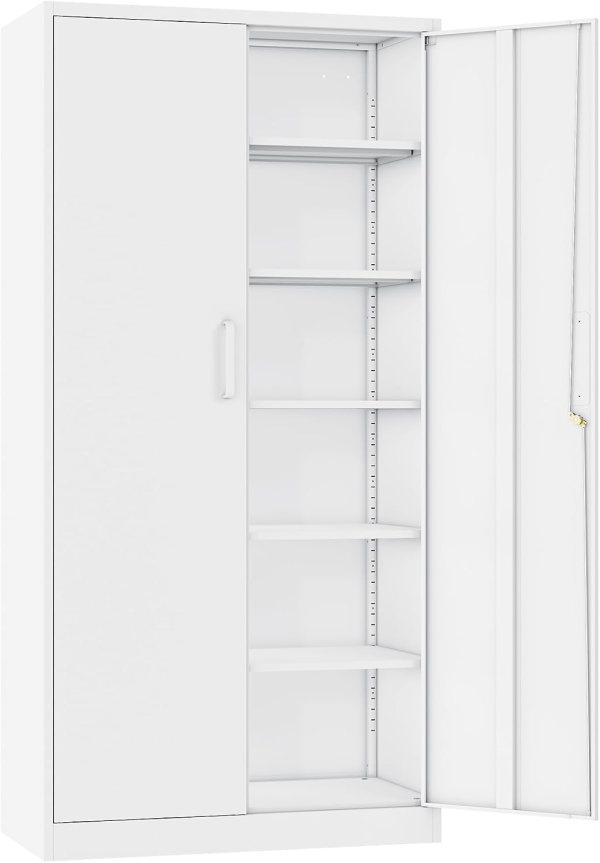 White Metal Garage Storage Cabinet with 5 Adjustable Shelves, Metal Cabinet with Locking Doors