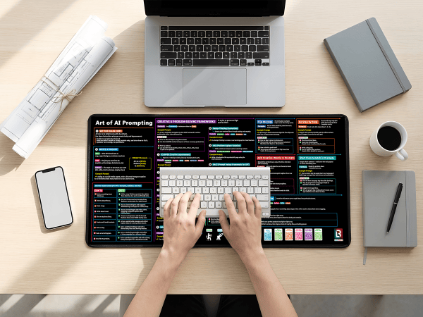 AI Prompts Desk Mat Extended Large Workspace Mouse Pad with Prompt Frameworks Guide for Keyboard and Mouse Setup