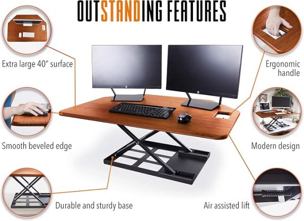 Corner sit-stand desk converter with height adjustment and spacious surface for ergonomic workspace.