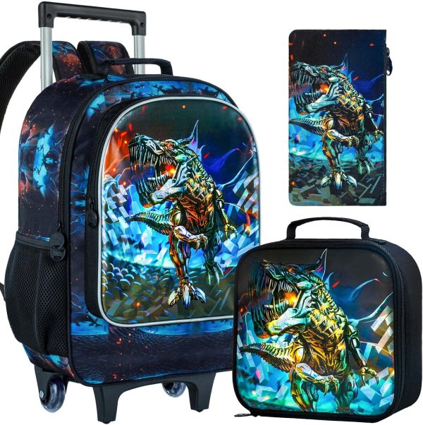 Kids Rolling Backpack with Dinosaur Design, Wheeled Backpack for School, Travel, and Daily Use, Comfortable and Durable Kids Backpack with Wheels