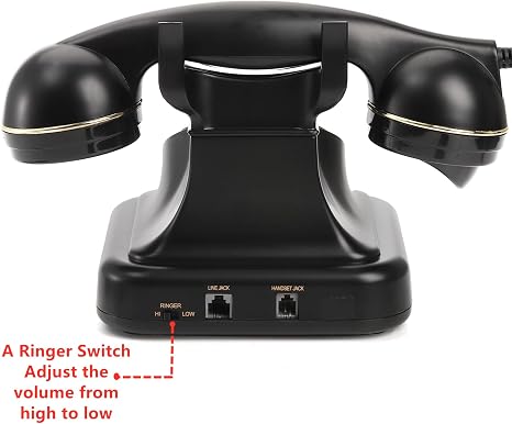 Vintage black and gold landline phone with adjustable ringer volume and button dialing for home or o.