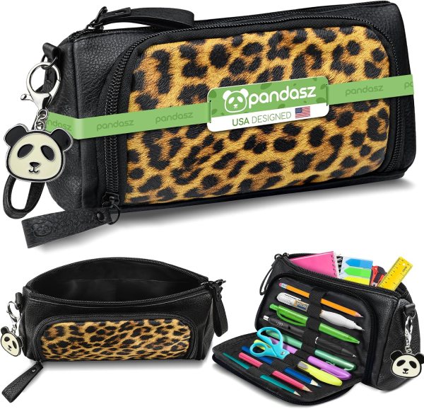 Zipper Pencil Pouch with Cute Panda Keychain – Large Faux Leather Pencil Case for Kids, Students, and Professionals – Ideal Travel Organizer