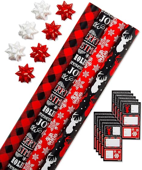 Christmas Gift Wrap Set – 4 Rolls of Holiday Wrapping Paper, 7 Gift Bows, and 30 Tags with Red, White, and Black Patterns for Festive Wrapping