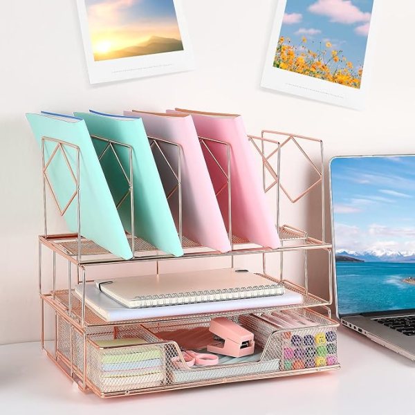 Office desk organizer with letter trays, upright sections, and sliding drawer for efficient workspac.