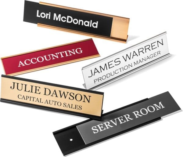 Personalized Desk Name Plates – Custom Office Wall or Desk Name Plates With Aluminum Holder With Two Lines of Laser Engraved Text, 2″ x 8 Personalized Desk Name Plates – Custom Office Wall or Desk Name Plates With Aluminum Holder With Two Lines of Laser Engraved Text, 2″ x 8