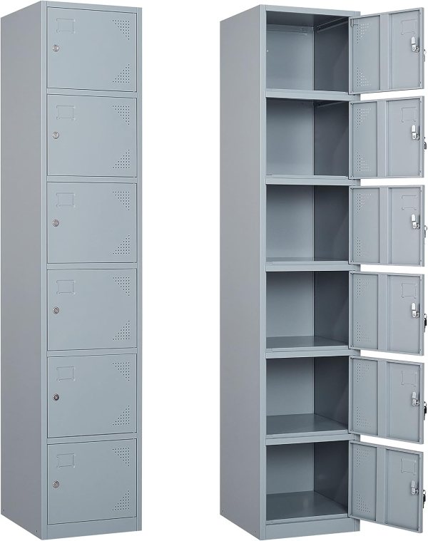 Metal Storage Lockers for Office, Home, and School – Secure Steel Storage Cabinet with 6 Compartments, Name Tags, Ventilation, and High-Security Locks