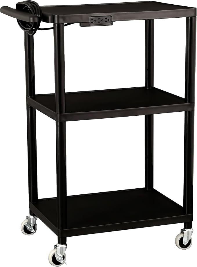Commercial Furniture Mobile Utility AV Cart with Power Strip and Casters, Rolling Presentation and Media Cart on Wheels, Black