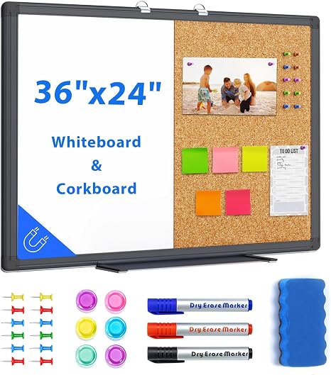 Combination Magnetic Whiteboard and Cork Board for Office, Classroom, and Home Use, Dry Erase Memo and Bulletin Board with Accessories
