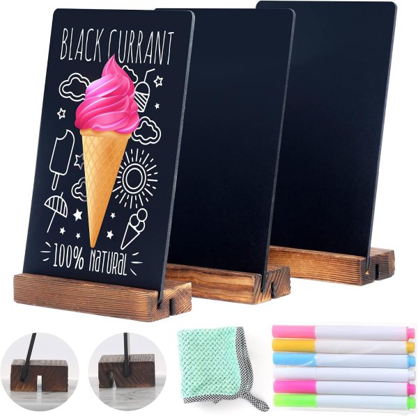 Desktop Chalkboard Sign with Wooden Base – Double-Sided Mini Blackboard for Menu, Price Display, Office Notes, and Messages – Set of 3 with Erasable Markers and Cloth