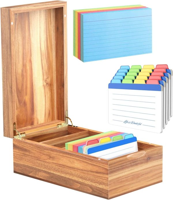 Index Card Box – Acacia Wood Storage for 200 Cards, Note Card Organizer with Dividers and Magnetic Lid