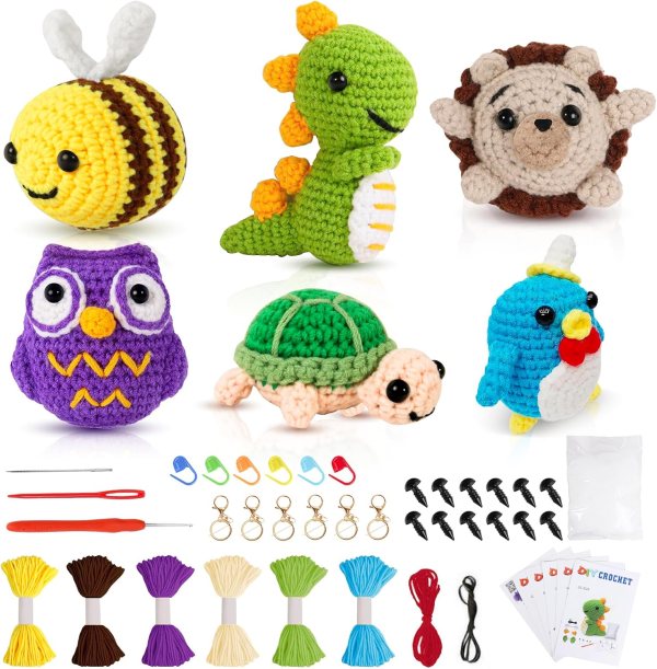 Crochet Animal Kit for Beginners – 3 Patterns: Chick, Octopus, Dino | Knitting Kit for Adults and Kids with Step-by-Step Video Tutorials, Yarns, Hooks, and Accessories