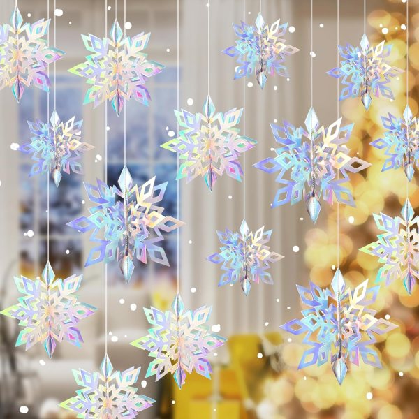 Christmas Snowflakes – 36pcs 3D Iridescent Snowflake Decorations for Holiday Home Decor, Tree, Window, and Ceiling