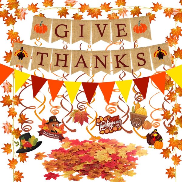 Fall Decorations Set – GIVE THANKS Banner, Maple Leaf Garland & Fall Party Supplies for Thanksgiving, Baby Showers, and Weddings