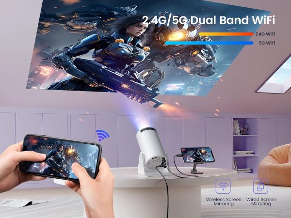High-Resolution Portable Projector with 270° Adjustable Stand and WiFi Connectivity.