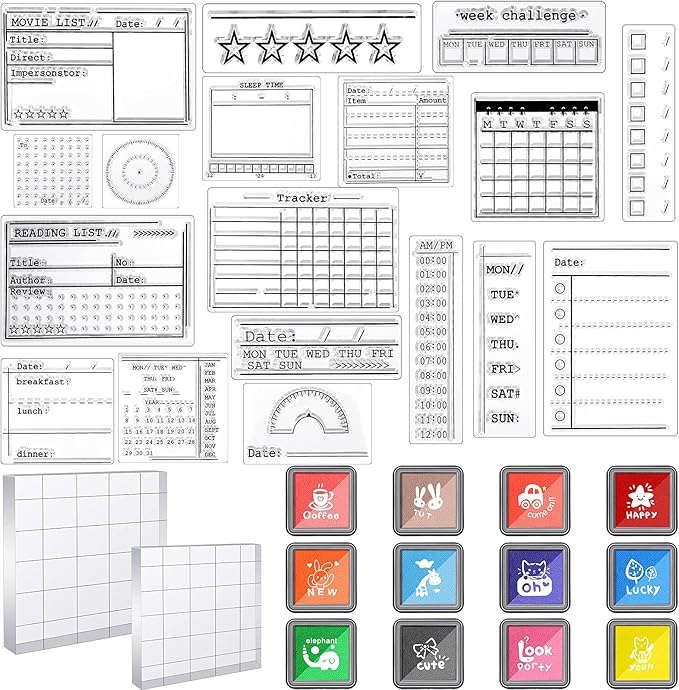 Clear Journal Stamps Set includes 18 Pcs Silicone Calendar Planner Month Week Date Organizer 12 Pcs Colorful Craft Ink Pad 2 Pcs Clear Stamping Blocks for Scrapbooking Card Making