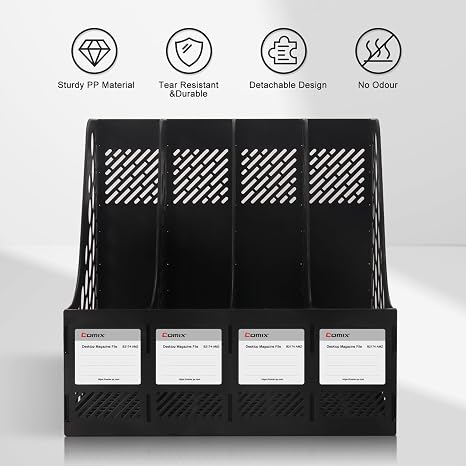 Magazine file holder with 4 compartments for document storage.