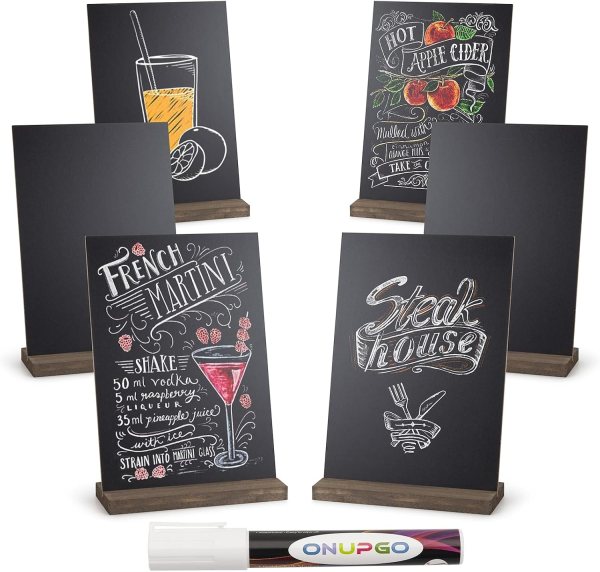 Tabletop Chalkboard Signs Set of 6 – Small Mini Chalkboards with Wooden Stand, Erasable Double-Sided Message Boards for Weddings, Parties, and Events