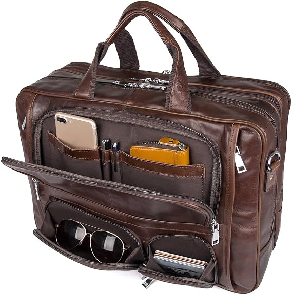 Leather Business Briefcase for Men – Genuine Leather Laptop Bag, Travel Briefcase with Padded Laptop Compartment, Fits 15.6” Laptop, Large Capacity