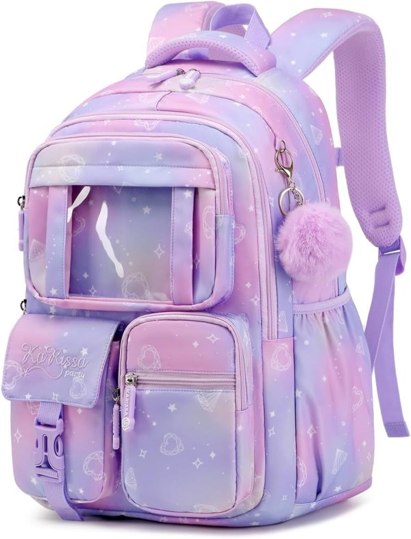 Girls School Backpack with Cute Pendant, Spacious and Lightweight Kids Backpack for School, Comfortable & Water-Resistant School Bag for Girls