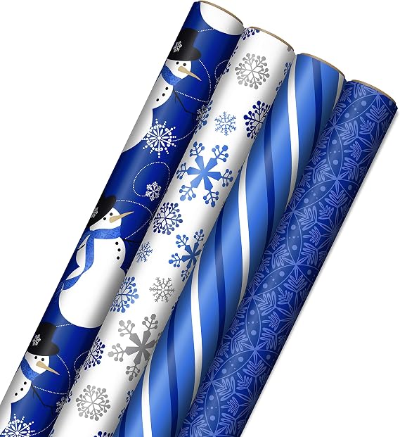 Premium Christmas Wrapping Paper – 4-Pack Blue and Silver Holiday Gift Wrap, Eco-Friendly and Festive Designs for Christmas and Winter Celebrations