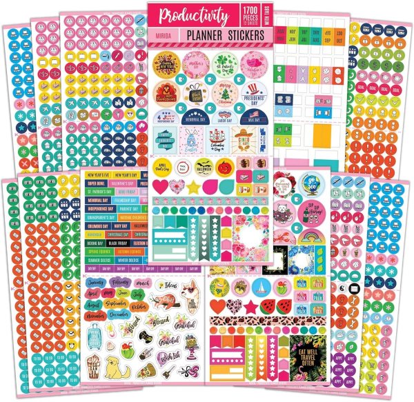 Productivity Stickers for Planners – 1700 Colorful Icons for Task Management, Calendar, Bullet Journals & A5 Planners | Repositionable & Fun Office Stickers