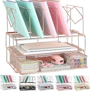 Office Organizer with 2 Letter Trays, 5 Upright Sections & Sliding Drawer – Modern Desk Storage Solution for Efficient Office Organization