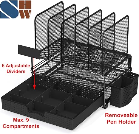 Desk Organizer with Drawers – Stylish Mesh Desk Storage Organizer with 3-Compartment Drawer and 5 Upright Compartments for Office and Home
