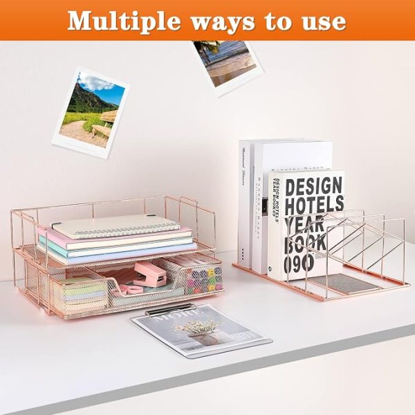 Rose Gold Office Desk Organizer with Letter Trays and Storage Compartments.