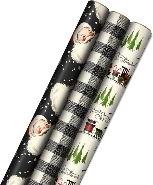 Festive Gift Wrap – 3 Rolls of Christmas Wrapping Paper with Santa, Plaid, and Toy Train Designs