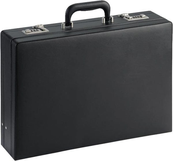 Attache Case for Documents – Expandable Black Vinyl Business Briefcase with Dual Combination Locks
