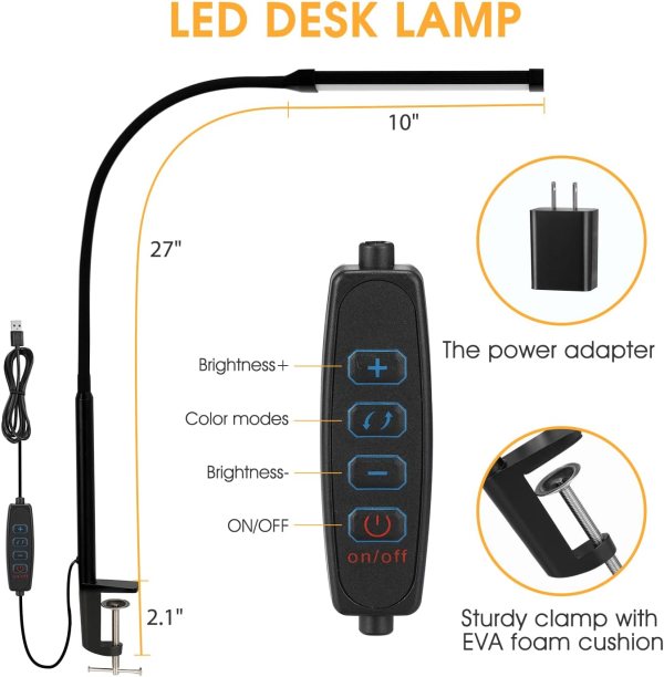LED desk lamp with dimmable, eye-care lighting and 3 color modes for reading and studying.