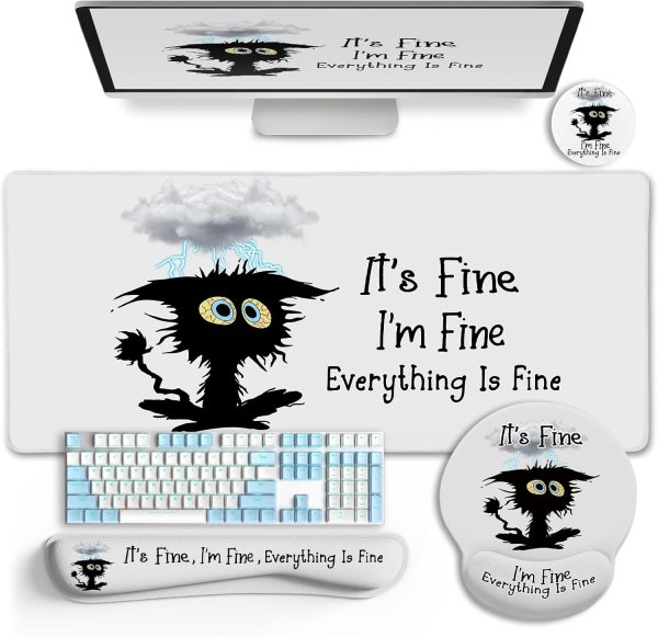 Cat Themed Desk Mat Set, Ergonomic Mouse Pad with Wrist Support, Large Desk Mat for Office and Gaming