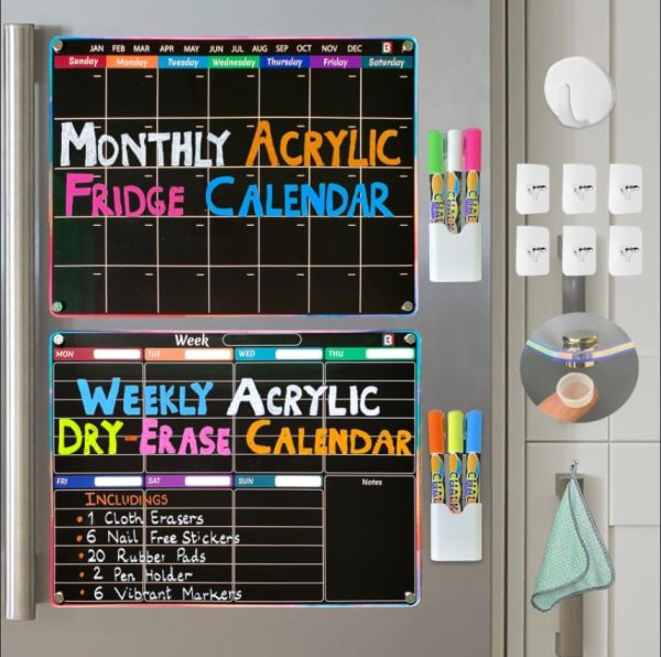 Black Magnetic Calendar for Refrigerator – 2 Pack Dry Erase Acrylic Chalkboard Calendar with 6 Liquid Chalk Markers