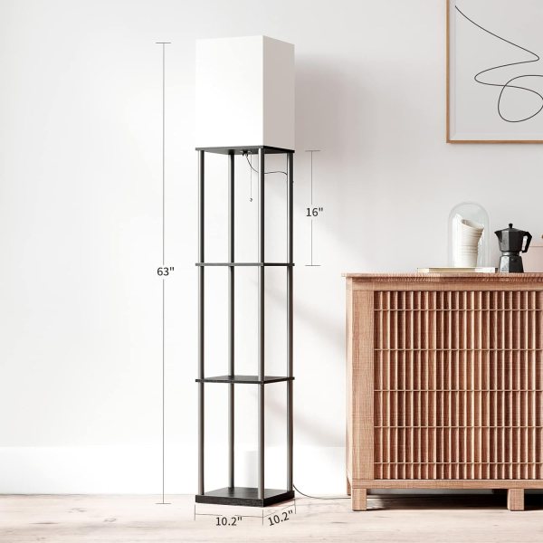 Dimmable LED floor lamp with storage shelves, adjustable lighting, and sleek design for living rooms.