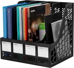 Premium Magazine File Holder for Office Organization, Durable Document Storage Box with 4 Compartments, Customizable Label, and Easy Assembly