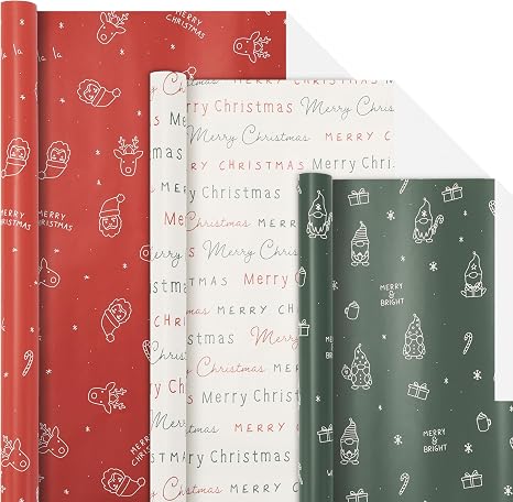 Wrapping Paper Set of 3 Rolls – 17×120” Festive Holiday Designs for Premium Gift Wrapping, Perfect for All Your Christmas Gifts